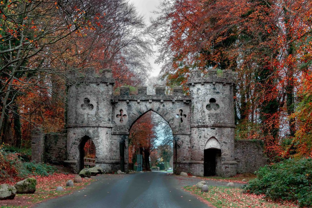 Castle towers at the entrance of Tollymore Forest Park, County Down