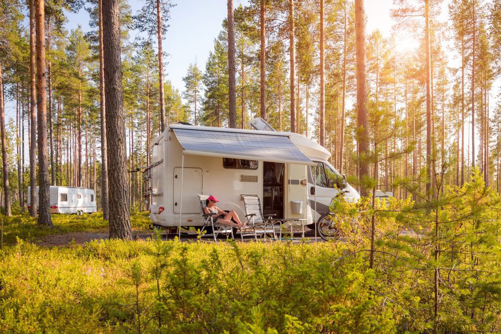 motorhome parked up in the woods