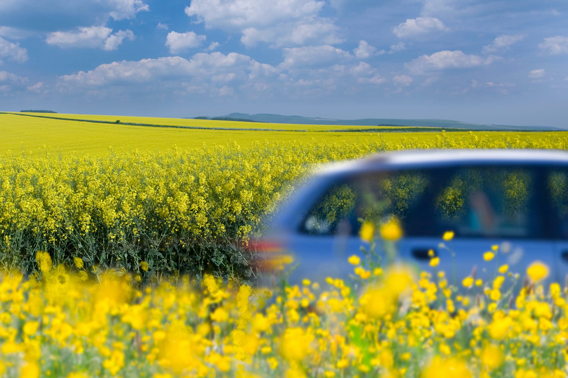car driving through fields in the spring
